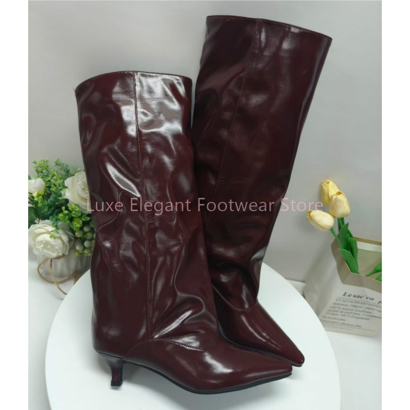 Women'S Fashion Knee High Boots - Bordo Sivri Uçlu Kitten Topuklu Diz