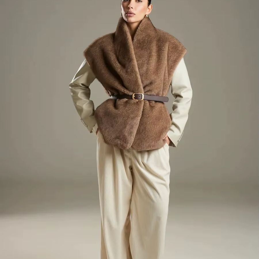Women'S Fashion Gilet - IG26 Kadın Kolsuz Kürklü Yelek, Geniş