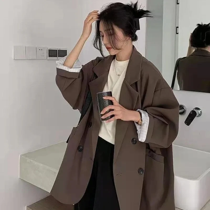 Blazer Women Oversized - Vintage Kahverengi Blazer Kadın Zarif Resmi