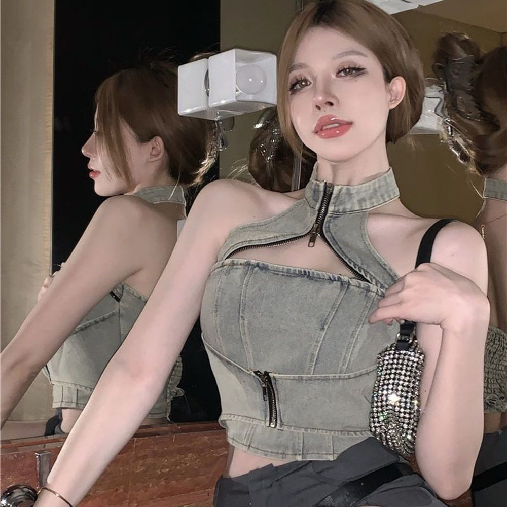Women Fashion Jeans Top - 2024 yaz seksi bayanlar kot yelek