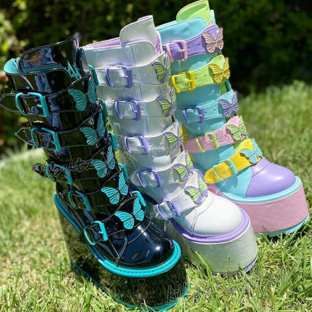Women'S Fashion Knee High Boots - Kelebek diz boyu çizmeler platform kemer