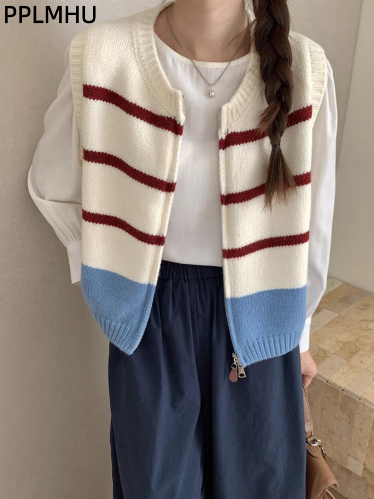 Women'S Fashion Gilet - Çizgili Fermuarlı Hırka Örme Yelek Kadın