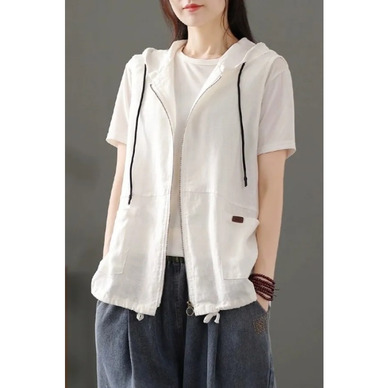Women'S Fashion Gilet - Kadın Beyaz Keten Karışımlı Kapüşonlu Yelek