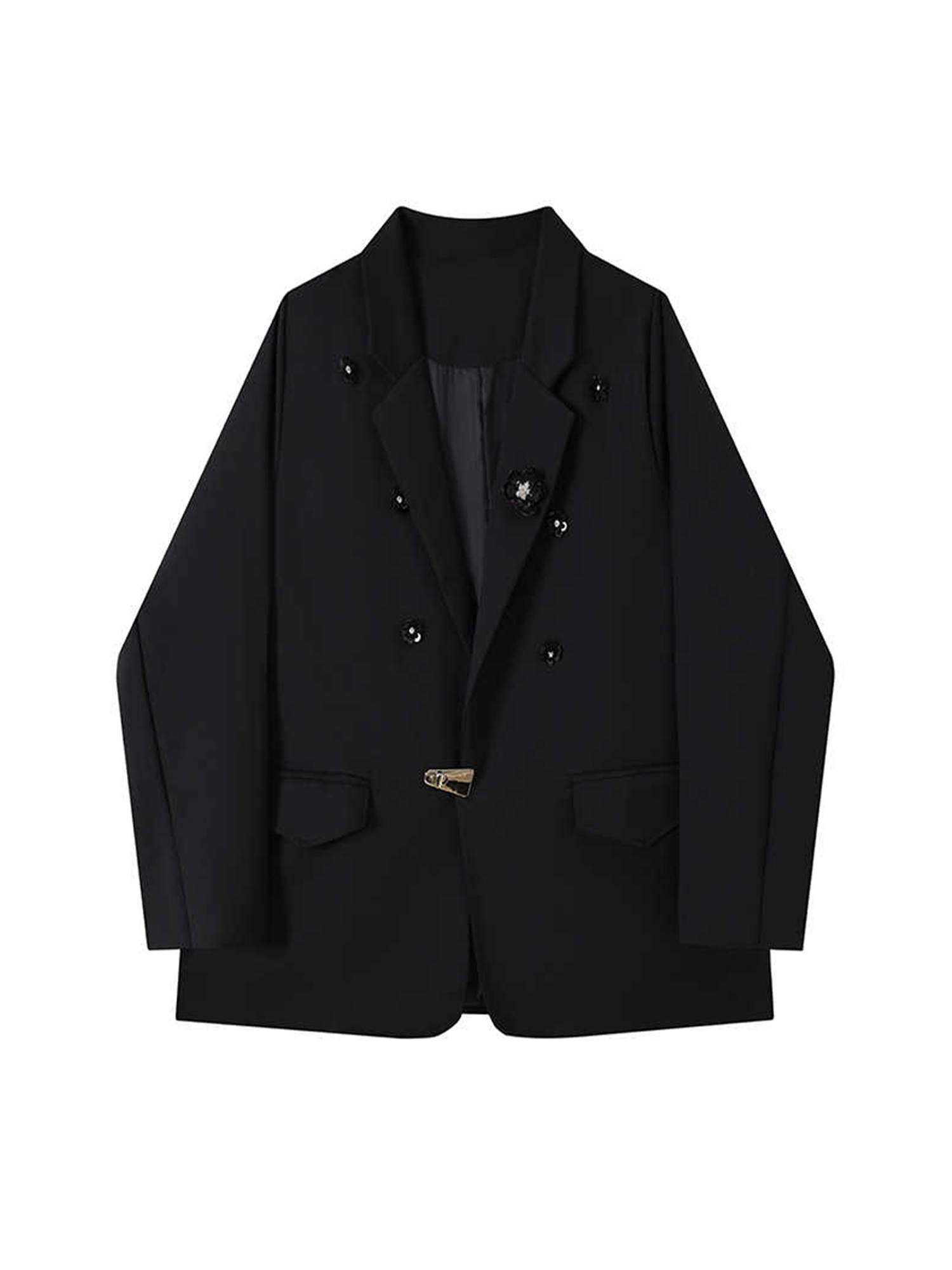 Blazer Women Oversized - Kadın Siyah Gotik 3D Çiçek Desenli