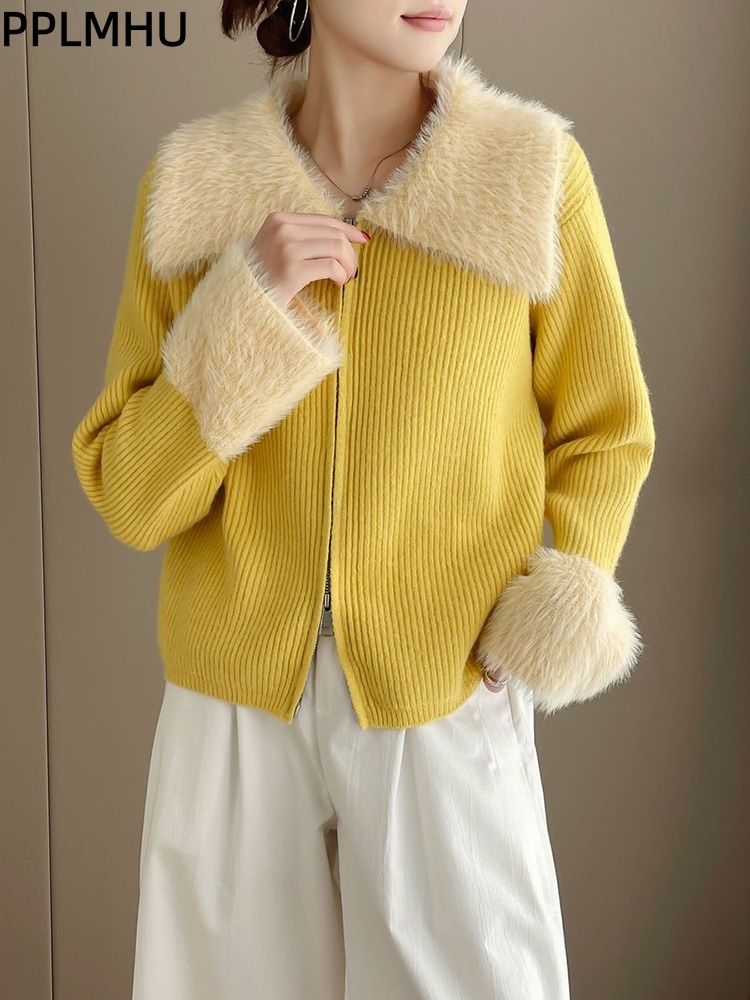 Women'S Fashion Gilet - Fermuarlı Turn-Down Yaka Eklenmiş Örme Kazak