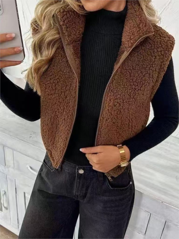 Women'S Fashion Gilet - Kadın Peluş Yelek Sonbahar Modası Dik